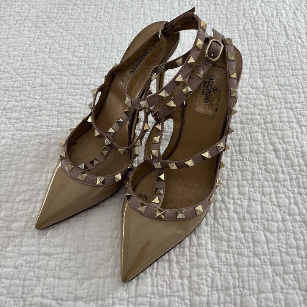 Valentino Studded Ankle Strap Stiletto Pointed Toe Leather Heels Beige 38